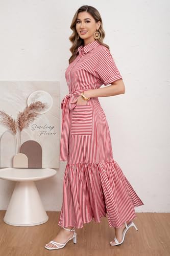 Image of utcoco Women's 2026 Summer Casual Striped Button Down Maxi Dress Tie Waist Short Sleeve Shirt Dress with Pockets