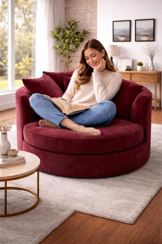 Image of SOFALIZE - Modern Barrel Accent with Pillows Round Sofa Modern Combines Contemporary Design Oversize Arm Chair Cozy Club Chair for Bedroom, Living Room, Lounge, Hotel & Office Hallways Sofa (Red)