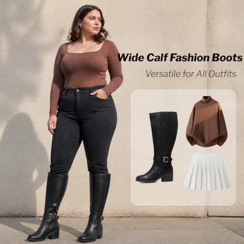 Image of Luoika Women's Extra Wide Calf Heeled Knee High Boots. | Wide Width, Winter Boots, Block Heel, Adjustable Buckle, Round toe