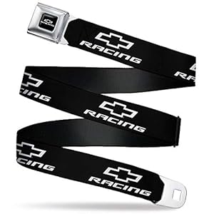 Buckle-Down GM General Motors Belt, Seatbelt Buckle Belt, Chevy Bowtie Racing Logo Black White, Mens Womens Kids Adjustable