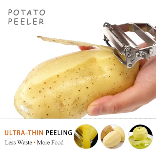 Image of CLOUDVALLEY 3-in-1 Stainless Steel Vegetable Peeler with Cleaning Brush - Ultra Sharp Julienne Peeler, Slicer, Grater & Fruit Peeler, Rust-Proof Kitchen Cutter for Potato, Carrot, Cucumber