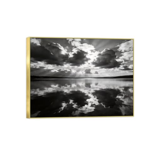 Tableau Toile 60x80cm Lac Nuages 2 noir et blanc cadre doré pour décoration murale salon