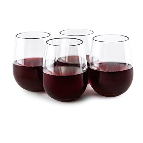 Plastic stemless wine glasses – shatterproof 100% clear Tritan tumblers for daily use – dishwasher safe - 16 oz – set of 4 – great for patio pool hot tub parties picnics camping boating or gift