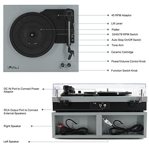 Image of LP&No.1 Record Player with Stereo Bookshelf Speakers, Vintage 3-Speed Belt Drive Turntable, Wireless Input, RCA Output, Auto Stop Function | Blue