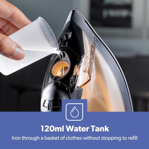 GEEPAS Steam Iron | Clothes Dry & Steam Press | 30s Fast Heat-Up, Vertical Steaming | Nonstick Soleplate, Adjustable Temperature | 120ml Water Tank with 0.5g/Steam Output | 2 Year Warranty 1800W Gold