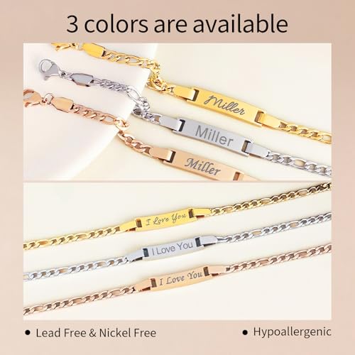 Custom Name Bar ID Bracelets, Personalized 18k Gold Plated Engrave Charm Bracelet with Name Birthstone,Customized Birthday Christmas Mother's Day Gifts for Women Girls Mom-Adjustable Length4