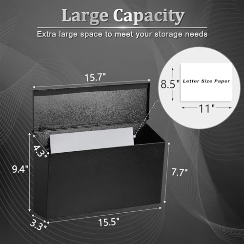 Dalmbox Wall-Mount Mailbox Large Mailbox for Post Rust-Proof Galvanized Steel Box for Outside or Townhouse Horizontal Style, Black, 15.7” x 4.3” x 9.4” - Thumbnail 2