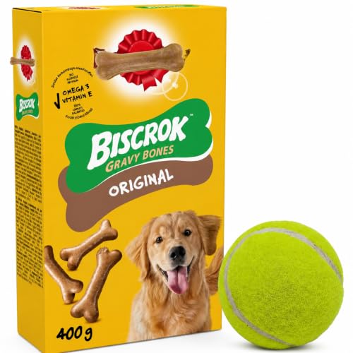 1x BISCROK Gravy Bones Original Adult Dog Treats Bundle with FREE Dog Tennis Ball | Crunchy Gravy-Coated Dog Biscuits | Training Rewards | Healthy Daily Treats for All Dog Breeds