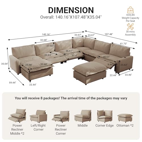 Image of 140.16 inch Power Reclining Sofa with Wireless Charging & Heated Seats,Smart Recliner Sectional Couch,Zero Gravity Recliner Sofa,Deep Seat Cloud Couch for Living Room Home Theater,Khaki,8 Seats