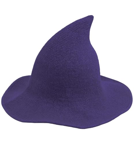YouNuo Witch Hat for Women & Adults - Classic Halloween Knitted Wool Wizard Hat Wide Brim Foldable Pointed Witches Cap for Party Masquerade Cosplay Costume Dress Up Accessories Purple