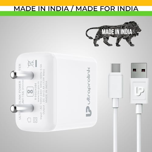 Image of UltraProlink 2.4A /12W USB Travel Adapter | Fast Wall Charger | | Single USB Port | BIS Certified |Made in India | |1m USB-A to Type-C Cable Included | Boost 12C | UM1166C | White