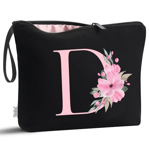 Image of Vavabox A-Z Personalized Makeup Bag, Birthday Gifts for Women Mom, Gifts for Best Friend, Bride Bridesmaid Cosmetic bag (D, 02-Black)