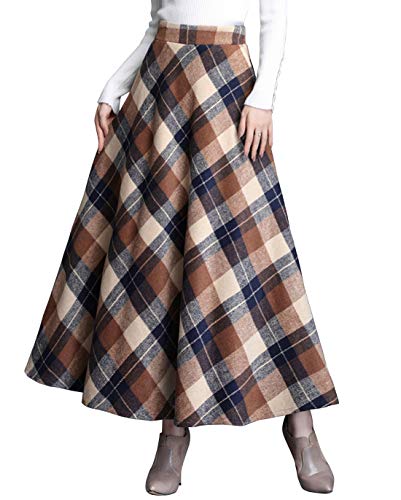ebossy Women's Vintage High Waist Wool Blend Plaid A-Line Long Maxi Skirt with Pocket (Large, Khaki)
