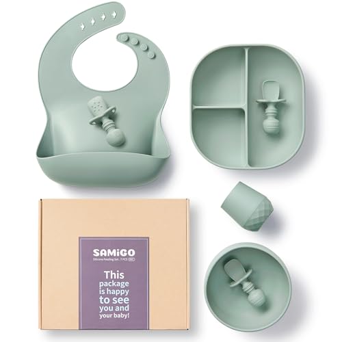 Image of SAMiGO Silicone Baby Feeding Set, Suction Plate Bowl Set, Self Feeding Spoons, Bib, Cup, Baby Led Weaning Supplies, First Stage Feeding Essentials, Food Eating Utensils, 6+ Months