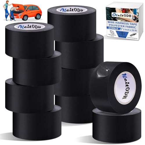 Image of Oleitodh Wire Harness Tape, 2In x 50Ft (10 Rolls), Polyester Fabric | Flame-retardant and heat-resistant. Strong adhesive for engine wire insulation, noise damping, and auto repairs.