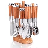 24 Pcs Stainless Steel Cutlery Set with Cutlery Rack, Eating Tableware Set Service for 6, Durable Flatware Set for 6 Includes Knifes, Forks & Spoons for Kitchen and Home