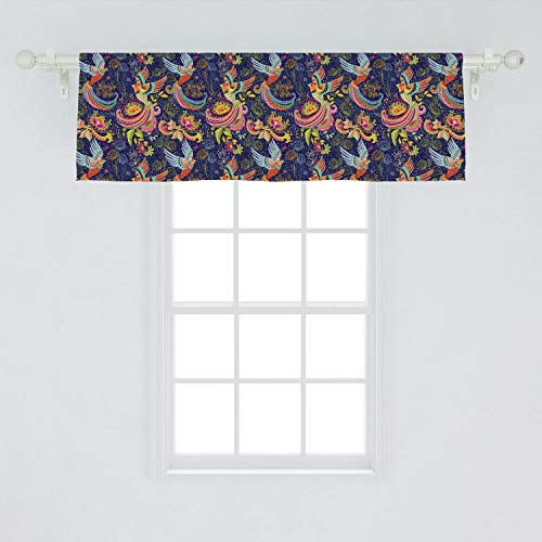 Ambesonne Birds Window Valance, Phoenix Rising From The Ashes With Multilayered Tail Illustration On Damask Backdrop, Curtain Valance For Kitchen Bedroom Decor With Rod Pocket, 54" X 18", Multicolor #TOP1