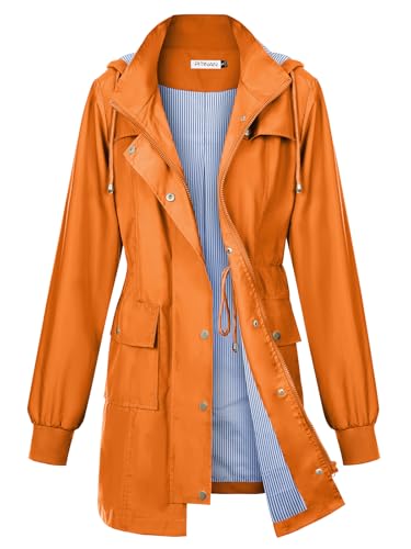 PITINAN Rain Jacket Women Waterproof Long Lightweight Raincoat Hooded Windbreaker Outdoor Trench Coat Spring Fall Rain Coats for Women Outdoor Jackets Orange L