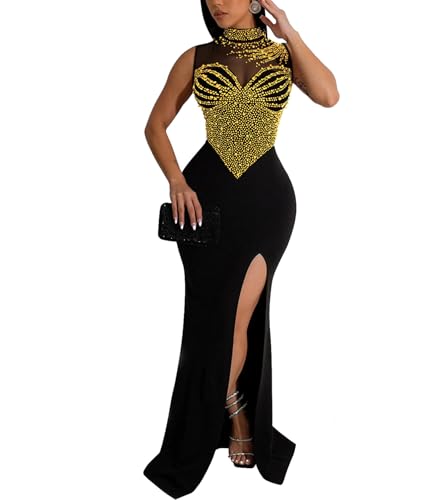 Image of Jigfar Women Sexy Elegant Rhinestone Mesh See Through Party Club Night Split Bodycon Formal Maxi Dress