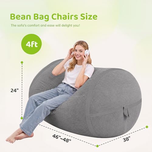 Image of 4FT Bean Bag Chair 4'Big Bean Bag Chairs with Adults, Large Beanbag Chair | Bean bag Lounger with Machine Washable Cover Fine Corduroy Fabric, Comfy Chairs for Living Room Bedroom Dorm, Lightgrey