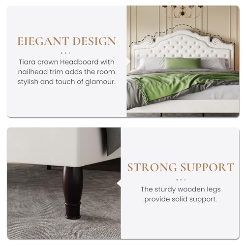 SHA CERLIN King Size Bed Frame with Adjustable Headboard/Velvet Upholstered/Diamond Button Tufted and Metal Studs/No Box Spring Needed/Sturdy Wood Slat Support/Easy Assembly/White