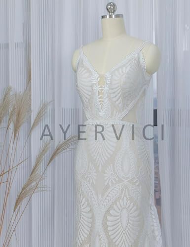 Image of Boho Lace Wedding Dress for Brides Off The Sleeves V Neck Backless Sheath Long Casual Bridal Gowns(Ivory,US12)