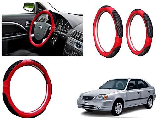 Image of Microfiber Car Steering Wheel Cover, Soft Padding Great Hand Feel, Anti-Slip, Faux Leather Steering Cover for Hyundai Accent | Black Red Jali - Pack of 1
