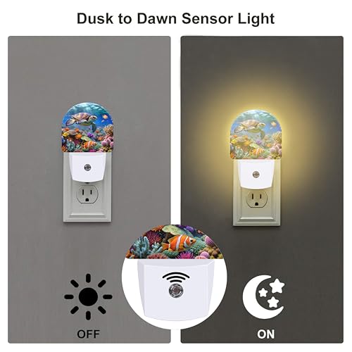 Image of Sea Turtle in Coral Reefs Night Light, Underwater World Marine Fish Corals Dusk to Dawn Night Light Plug in,0.5w Energy Saving Sleep Friendly NightLight for Kids Boys Girls Home Decor