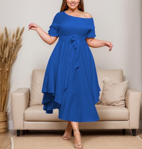 Image of Plus Size Women Wedding Guest Dress Off Shoulder Boat Neck Irregularly Flowy Midi Church Dress
