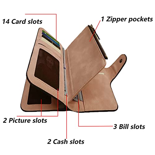 Image of Womens Long Leather Wallet, RFID Blocking Leather Pocket Wallet Ladies Mini Purse with ID Window