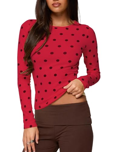 Women Red and Black Polka Dot Top Ladybug Costume Long Sleeve Crewneck Y2K Crop Tops Dots Print Stretch Slim Fit T Shirts(Black Red,Small)