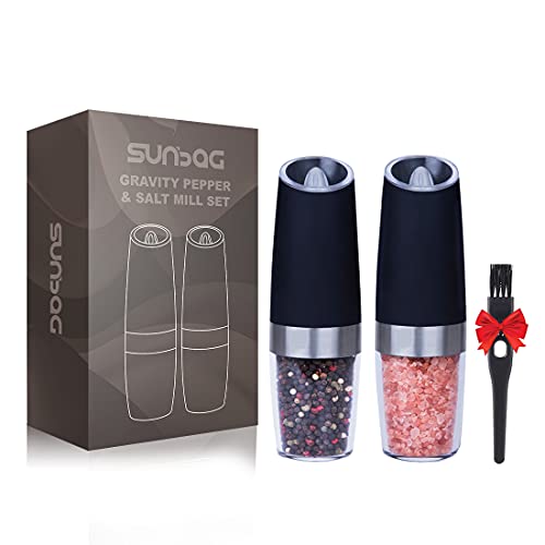 Sunbag Electric Gravity Salt and Pepper Grinder,Battery Operated Automatic Salt and Pepper Mill - Blue LED Light,Adjustable Coarseness,One Handed Operation(Black 2 pack)