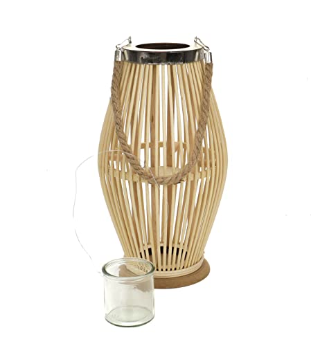 Bambuslaterne mit Glasbehälter für Stumpenkerzen oder Teelichter, zum Hängen oder Stellen, für Indoor, Balkon, Terrasse, Garten Cover