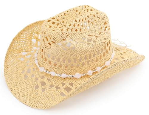 Pro Celia Straw Cowboy Hat for Women and Men, Western Cattleman Style, Wide Shapeable Brim (US, Alpha, One Size, Beige)