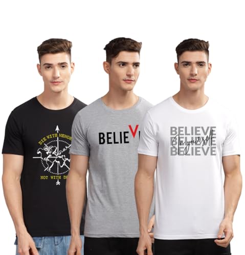 Image of ADRO 100% Cotton Lycra Tshirts for Men Combo Pack of 3 | Regular Fit | Printed T Shirt | Round Neck Half Sleeve| Mens Tshirts