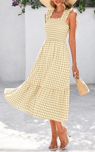 Image of PRETTYGARDEN Women's Summer Dress Casual Ruffle Strap Gingham Midi Sundress | Square Neck, Smocked Boho Dress, Flowy A Line, Homecoming, Party, Maxi Sun Dresses for Beach Vacation
