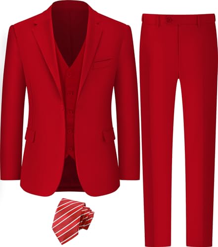 A&J DESIGN Red Suit for Men Prom Party Formal Outfit for Teen Graduation Holiday Christmas Birthday Valentine Cocktail Suit Men Concert Tuxedo Classic Blazer Vest Pants Set Size XXL Red