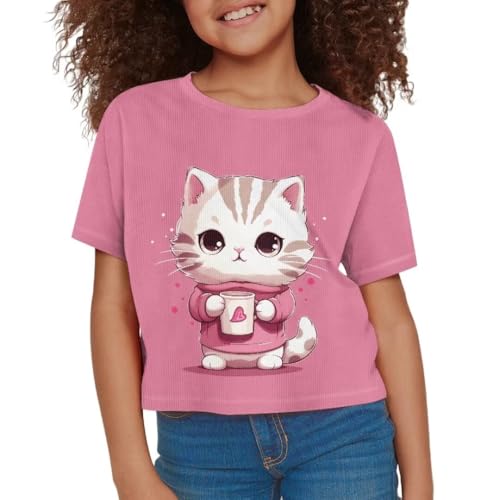 Image of Cat Pattern Summer Tops for Girls Cartoon Kids T Shirts for Girls Skin Friendly Crop Tops for Kids Girls Short Sleeve Girls Summer Shirts Soft Blouses Gift for Birthday, X-Small