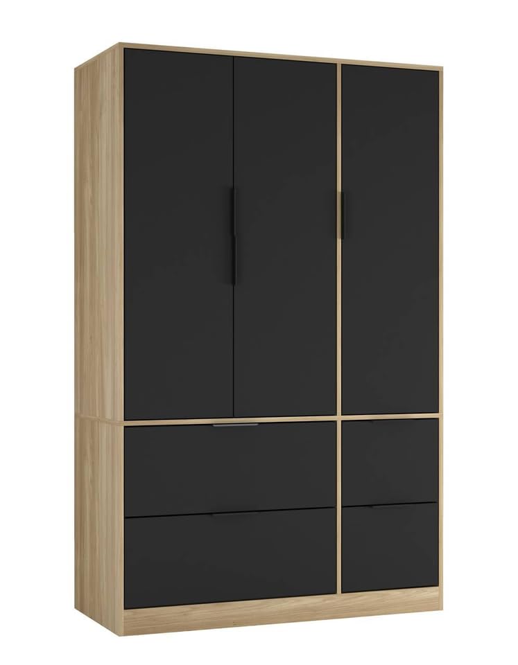 URBNLIVING 3 Door Wardrobe with 4 Drawers – Wooden Bedroom Storage Cupboard with Hanging Rail for Clothes - Oak Unit & Black Doors & Drawers