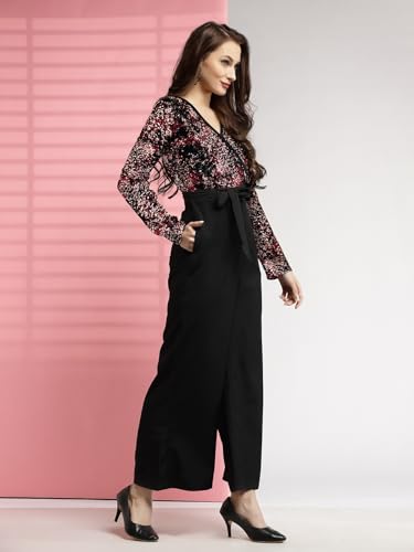 Image of LONDON BELLY Women's Polyester Semi-Formal Jumpsuit with Round Neck Half Sleeves Adjustable Waist Tie Abstract Pattern and Regular Fit | Women Stylish One Piece Outfit | Women Regular Fit Jumpsuit