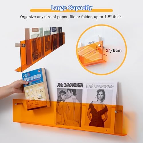 2 Pack Acrylic Wall Mount Magazine Holder - Clear Literature Display & Brochure Rack for Home Office, Waiting Room, Space-Saving Floating Bookshelf & Newspaper Organizer (23.6in)