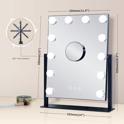 Image of Vanity Mirror with Lights,Lighted Vanity Mirror with 12 Dimmable Bulbs for Dressing Room & Bedroom,3 Color Lighting,Modes Detachable 10x Magnification 360Ratation