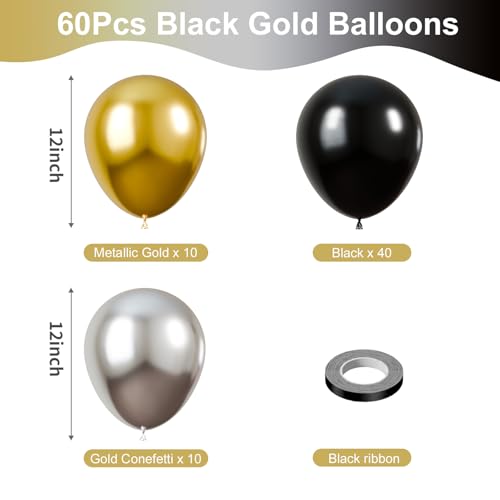 Image of KBZVNAF Black Gold Silver Latex Balloons - 60 Packs 12 Inches Black Metallic Chrome Gold Silver Balloons for Birthday Wedding Baby Shower Graduation Party Decoration