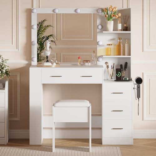 Garvee 41" Large Vanity Desk with 10-Bulb Mirror and Built-in Outlets - Makeup Vanity Desk with 3 Color Lighting Modes and 5 Drawers - Dressing Table