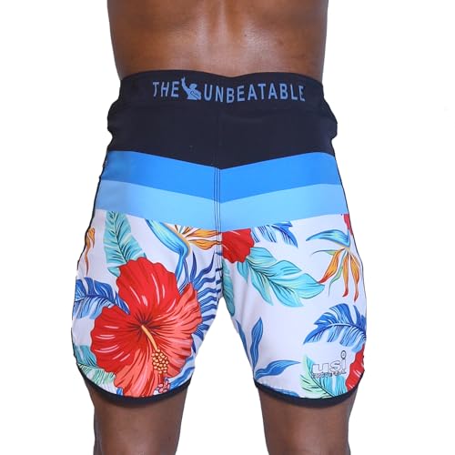 Image of USI Universal 411PA Aloha Physique Board Shorts, Polyester Fitness Shorts, Hook & Loop Fly, Drawstring Closure, Tailored Fit for Thin Waist & Muscular Thighs (in, Alpha, L, White /Red /Blue)
