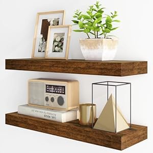 Fun Memories Floating Shelves for Wall, 24Inch Floating Shelves Set of 2, Hanging Shelf with Invisible Brackets, Wood Shelves for Living Room, Bedroom, Kitchen, Brown