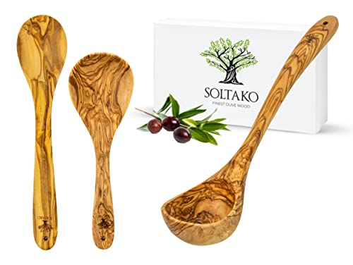 SOLTAKO Set Louche à Soupe et Cuillères en bois d'olivier - louche faite à la main - grande cuillère à soupe - ustensile de cuisine - ustensiles de cuisine à long manche, louches, Cuillère de Riz Cover