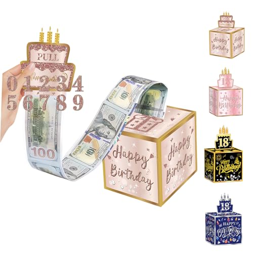 Happy Birthday Money Box for Cash Gift Rose Gold Pull Money Gift Box with DIY Stickers for Any Age Boy Girl Birthday Cash-Present Money Box Cash Gift Pull out Surprise Money Pulling Box for Her Him