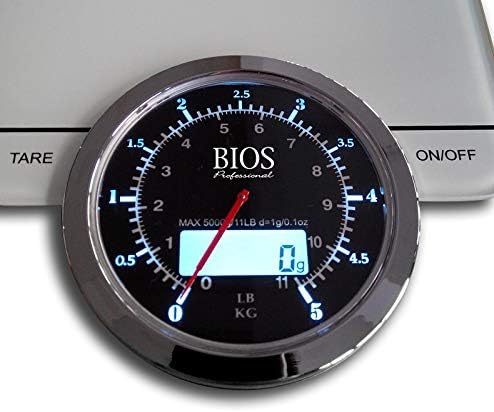 Close-up of BIOS Kitchen Scale display with ON/OFF and TARE buttons