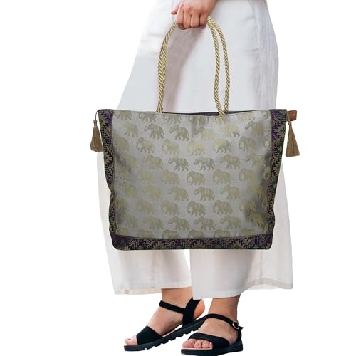Image of Designer Ethnic Handmade Brocade Silk Tote Bag For Women's Shoulder Bag Shopping Bag For Girls 16 Inch